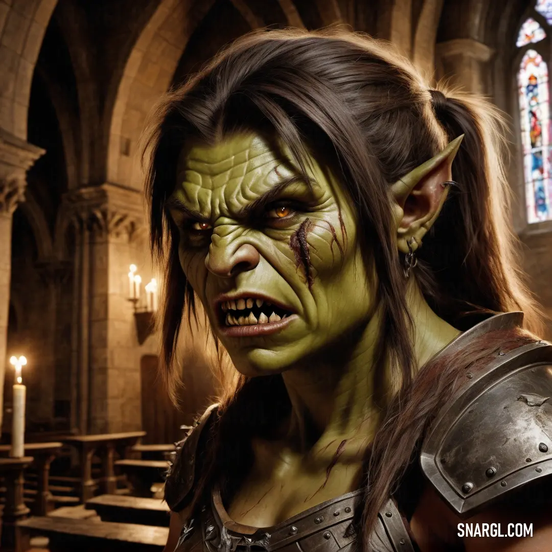 Orc with green makeup and a demonish look on her face and chest