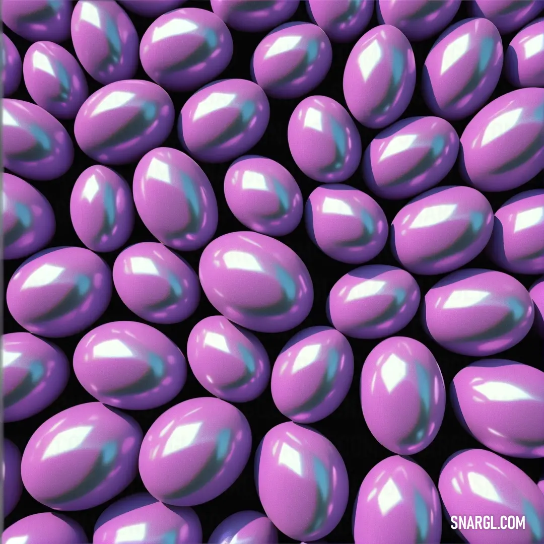 Bunch of purple balls are in a pile together in a picture frame with a black background. Color CMYK 0,49,2,15.