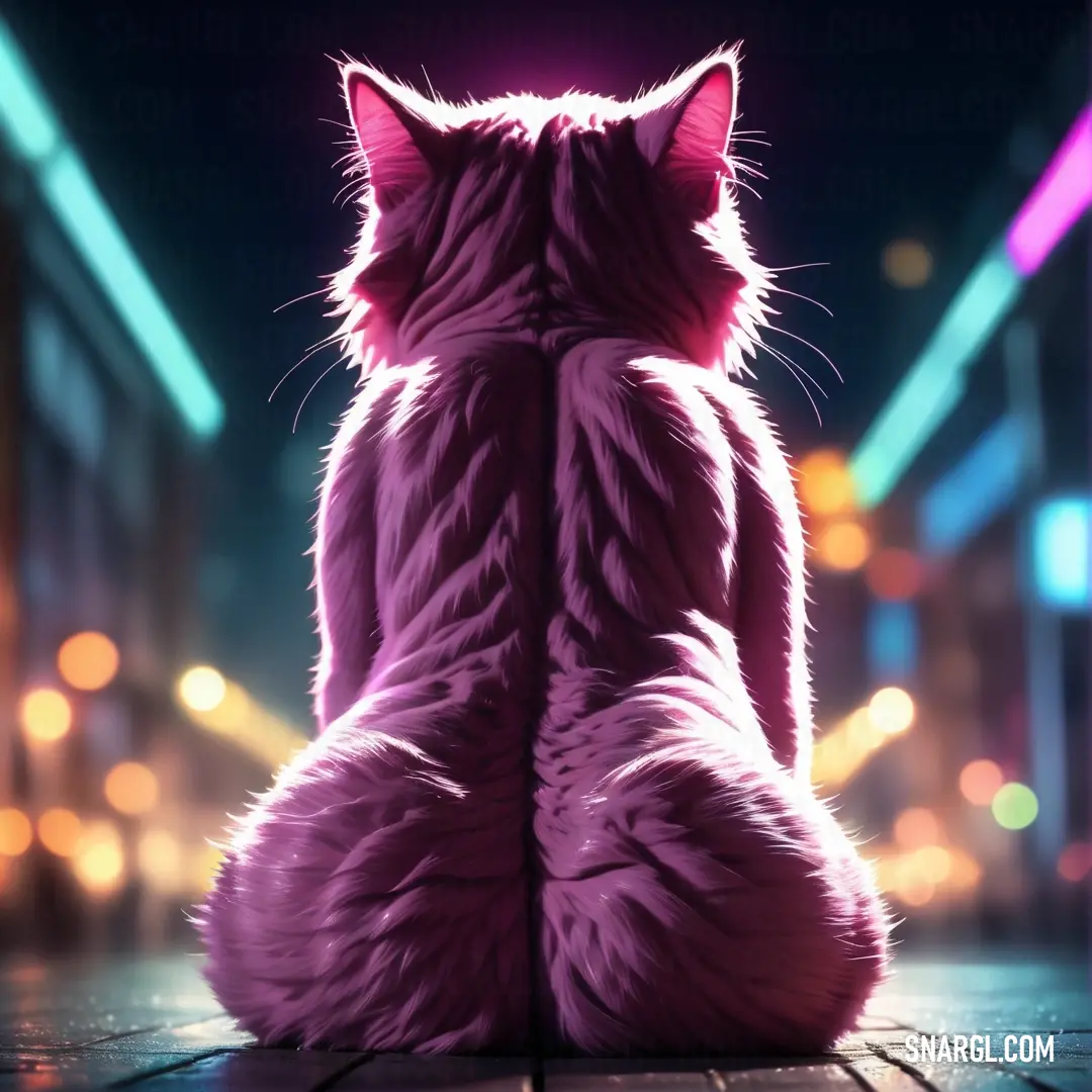 Orchid color example: Cat on a brick floor in the middle of a city at night with lights in the background
