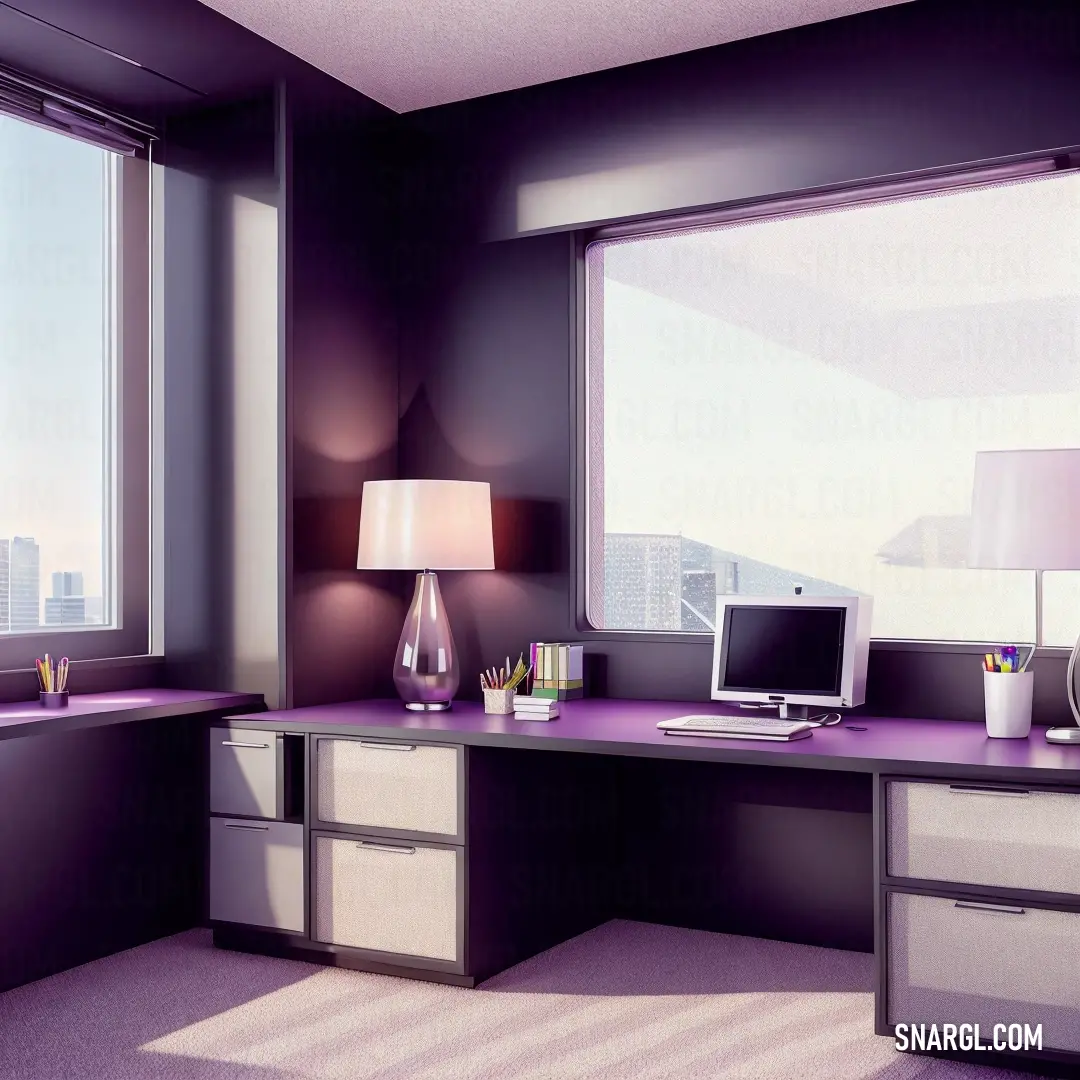 Desk with a computer and a lamp in a room with a large window and a view of the city. Example of Orchid color.