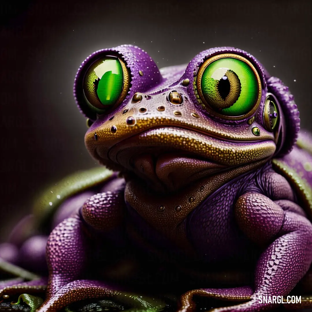Frog with green eyes and a purple body with a green spot on its face and a black background