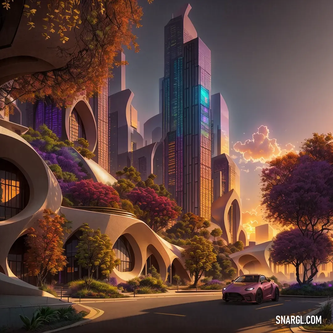 Futuristic city with a futuristic architecture and trees in the foreground and a car driving on the road
