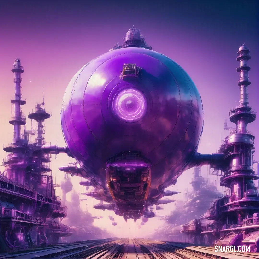 Futuristic city with a huge purple object in the middle of the picture and a train track running through it. Color #DA70D6.