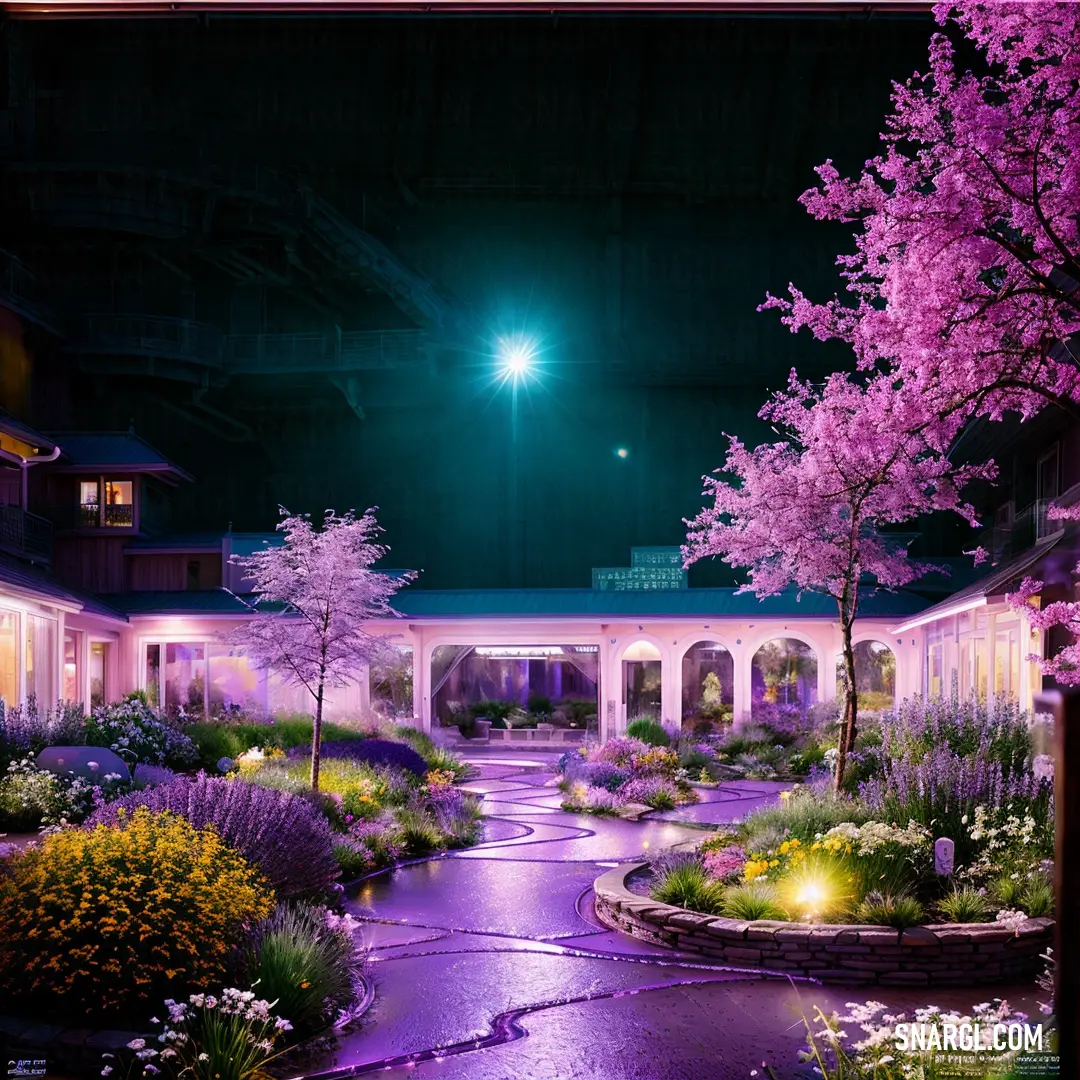 Garden with a purple light shining on it at night time. Color CMYK 0,49,2,15.
