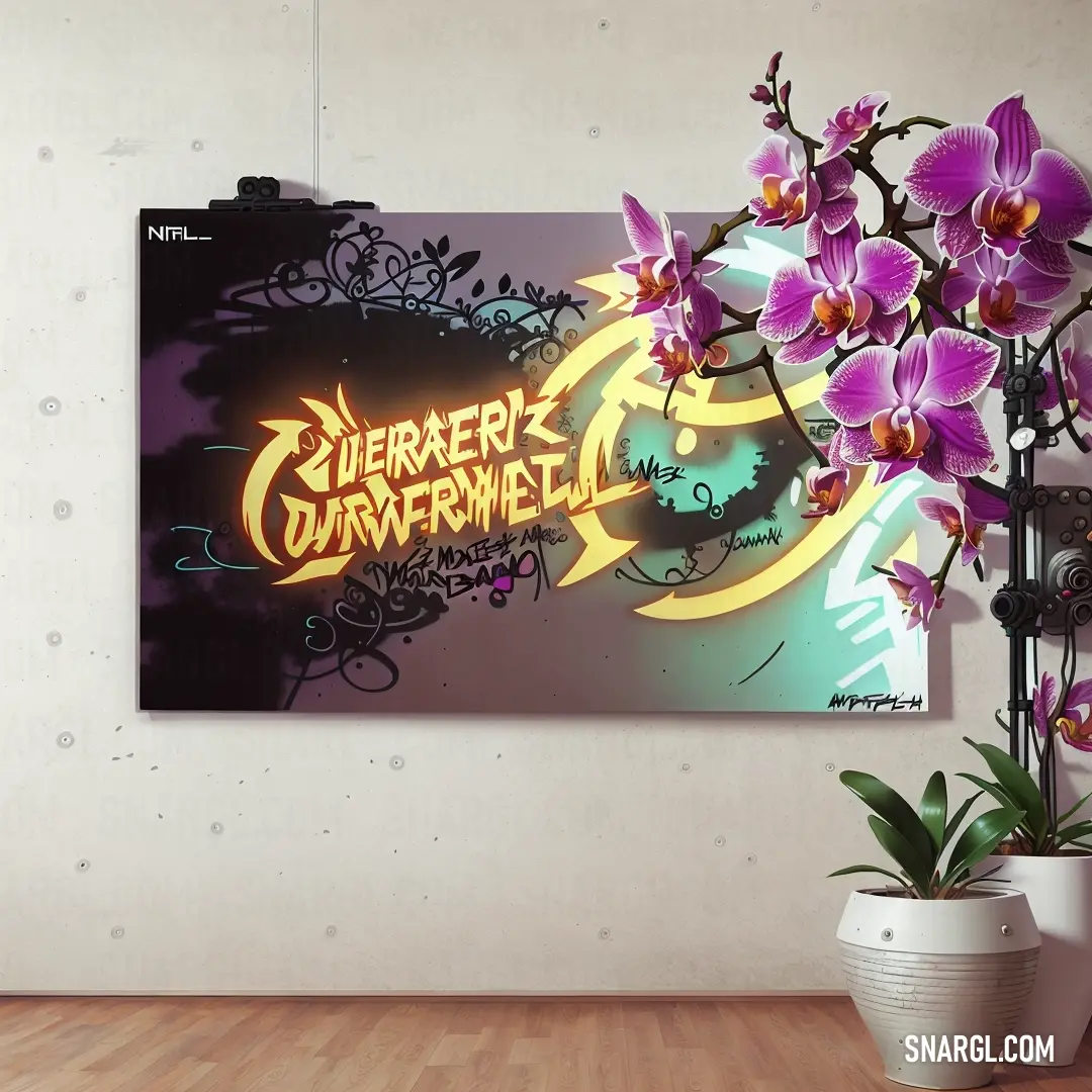 Large poster with a flower in a vase on a table next to a plant with purple flowers in it. Example of #DA70D6 color.