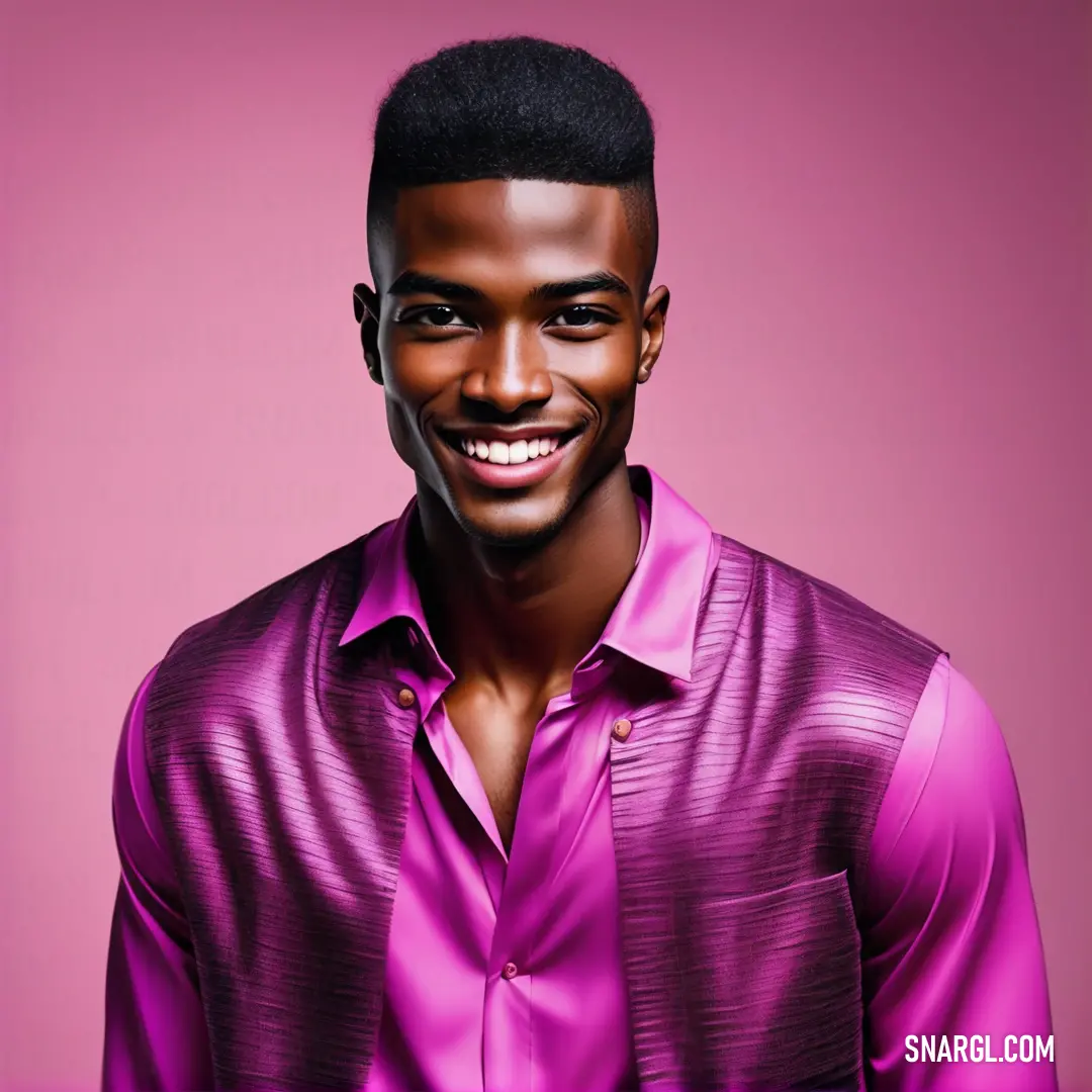 Man in a purple shirt smiling for a picture with a pink background. Color RGB 218,112,214.