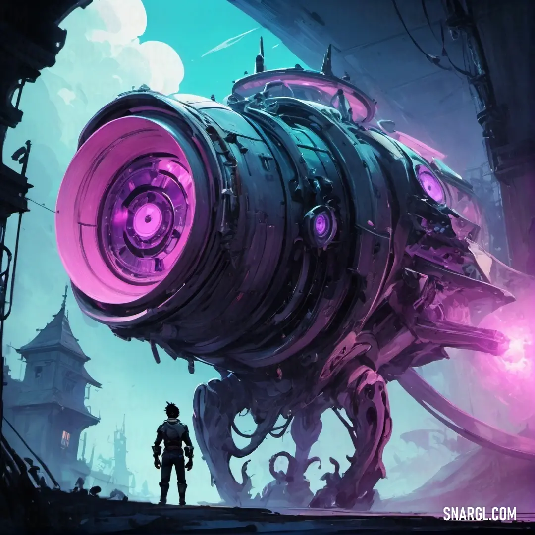 Man standing in front of a giant machine in a futuristic city with a pink light on it's side. Example of Orchid color.
