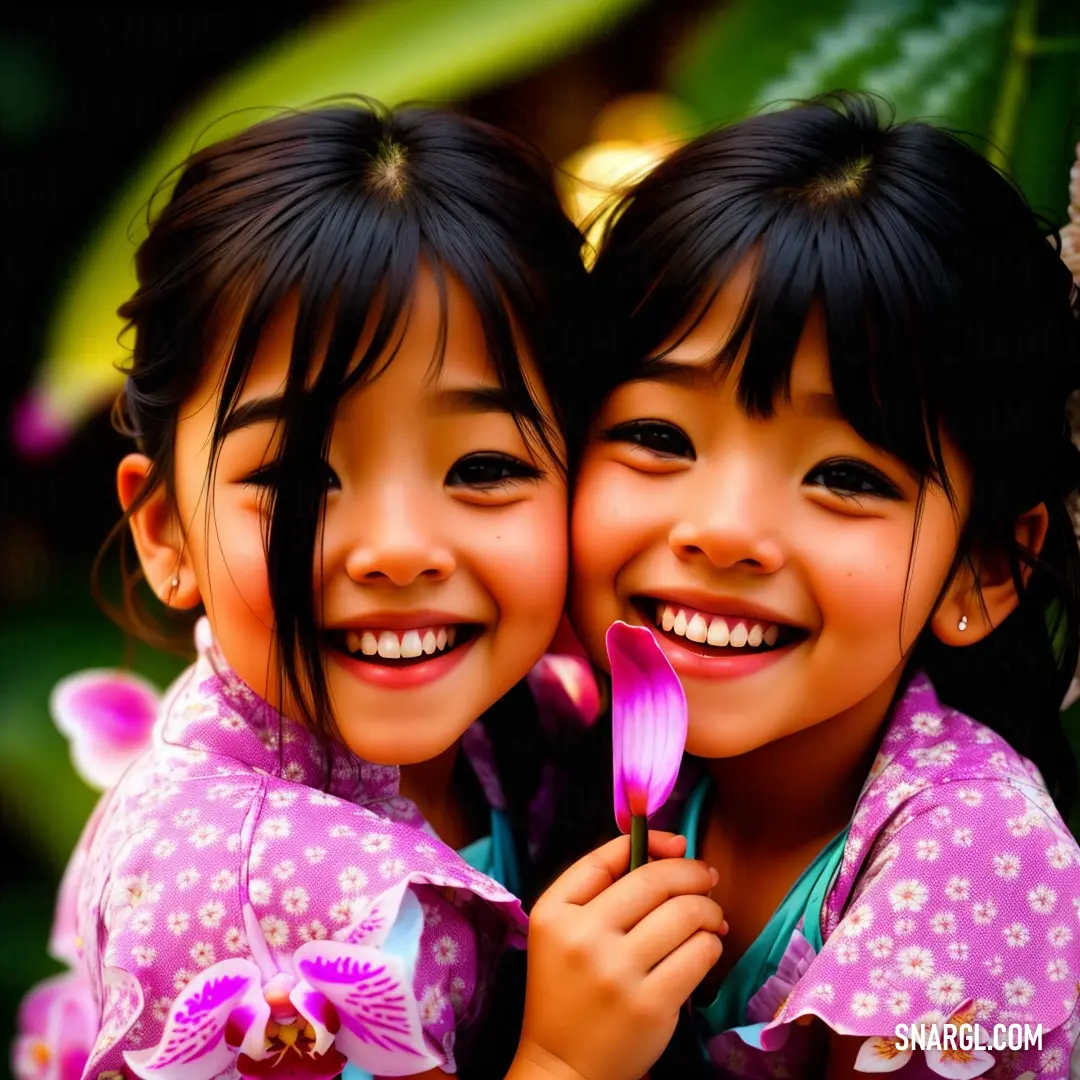 Two young girls are smiling and holding flowers together. Example of RGB 218,112,214 color.
