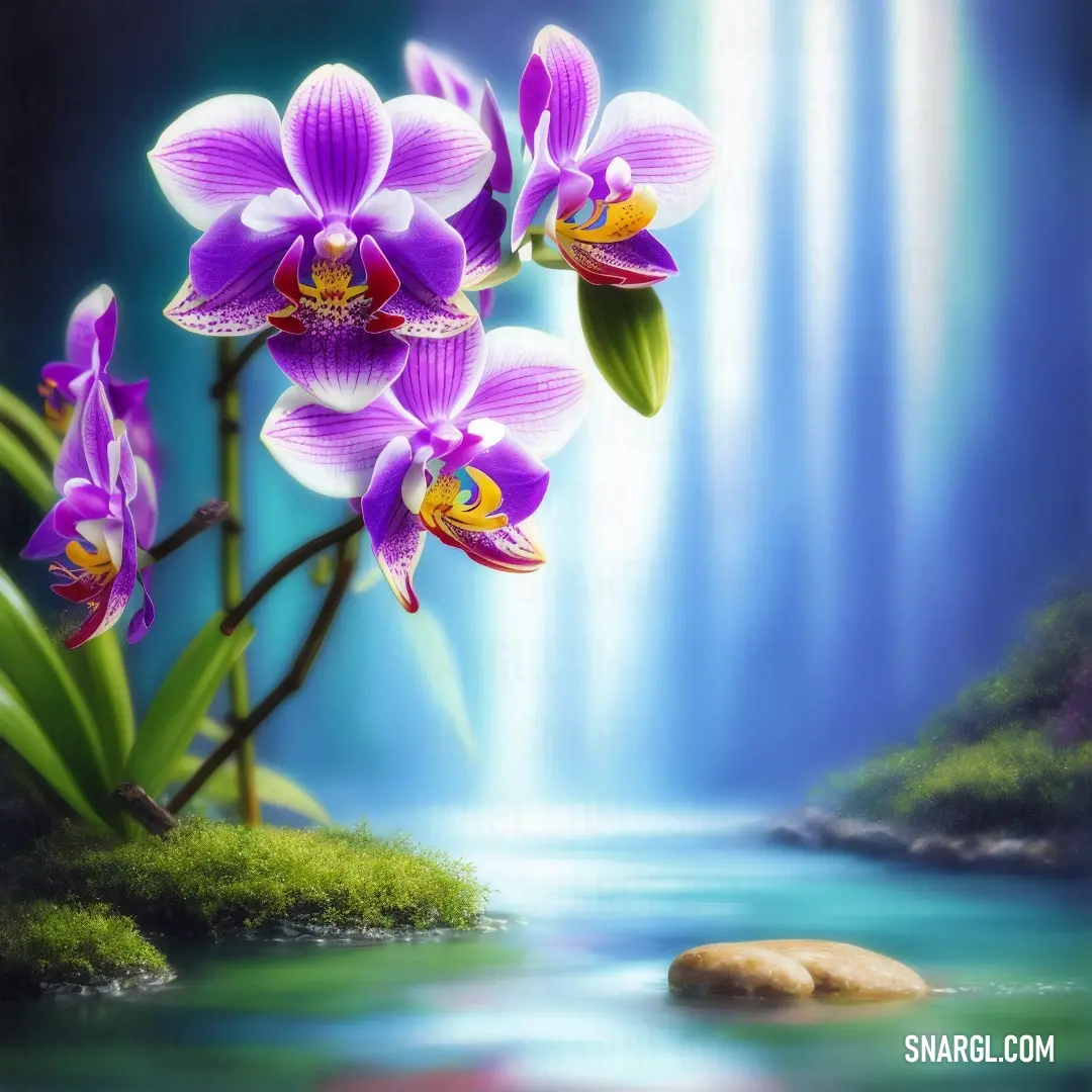 Painting of purple flowers and a waterfall in the background with a rock in the foreground