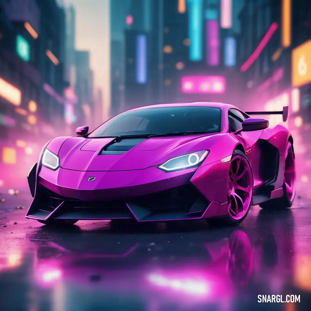 Pink sports car parked in a city street at night with neon lights on the buildings. Example of #DA70D6 color.