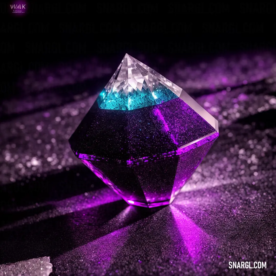 Purple diamond with a blue top on a black surface with glitters and a purple light shining on it