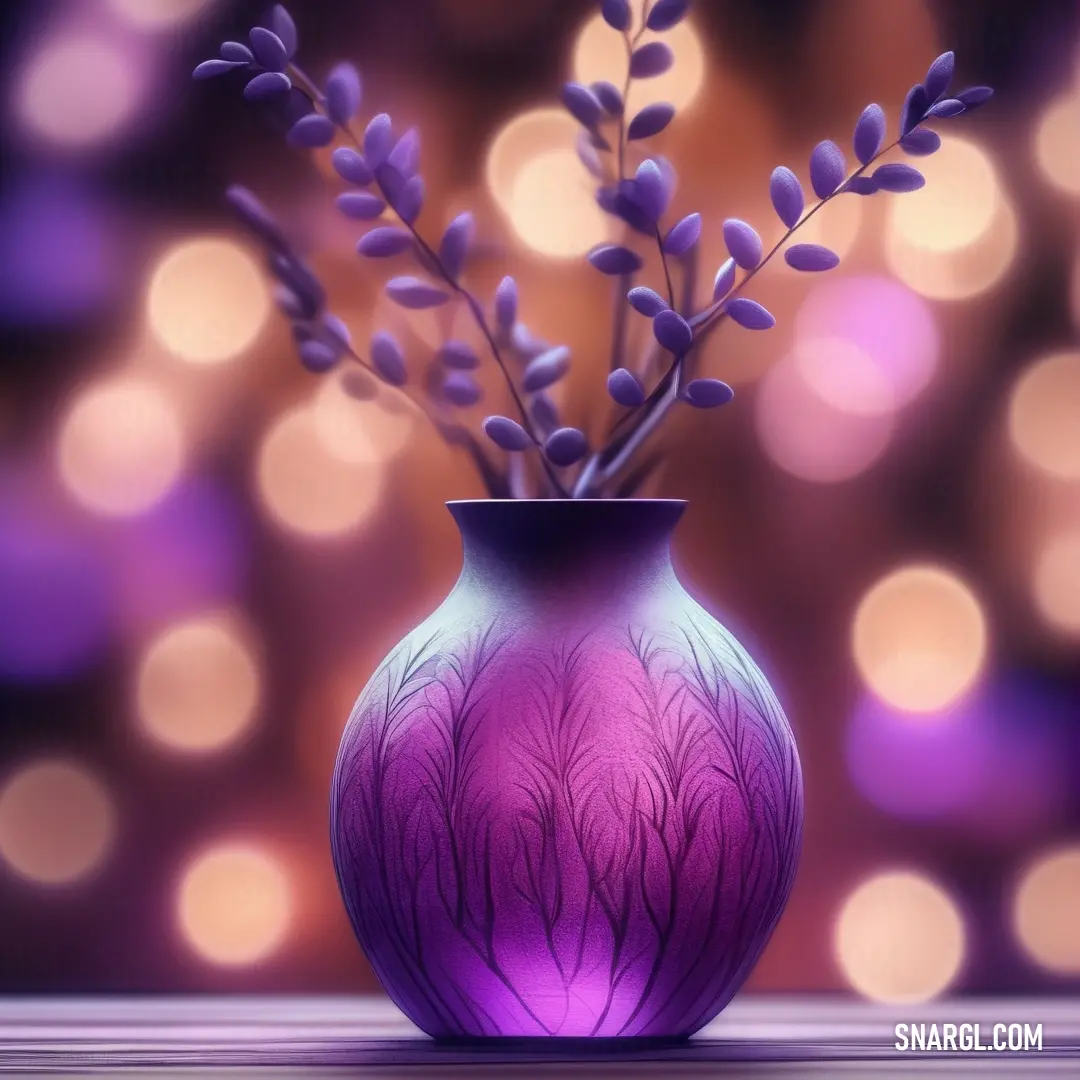 Purple vase with a plant in it on a table with a blurry background. Color Orchid.