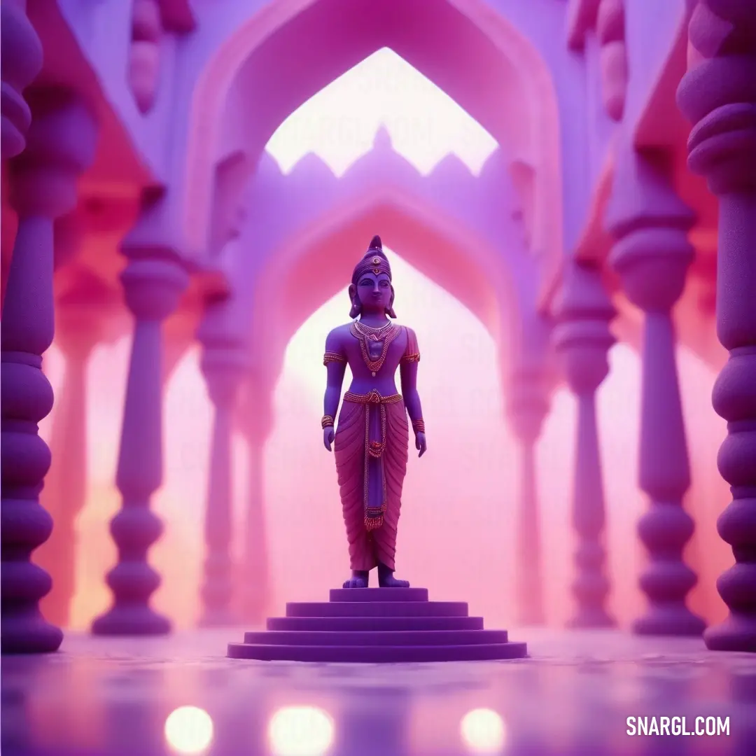 Orchid color example: Statue of a person standing in a room with columns and arches on either side of the figure is a purple hue