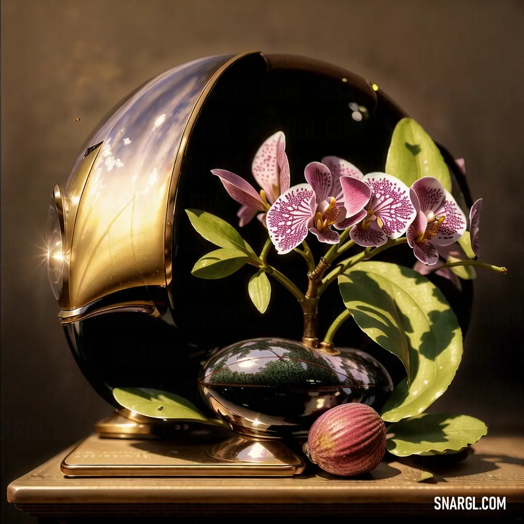 Vase with flowers and a ball on a table with a ball on it and a flower in the middle