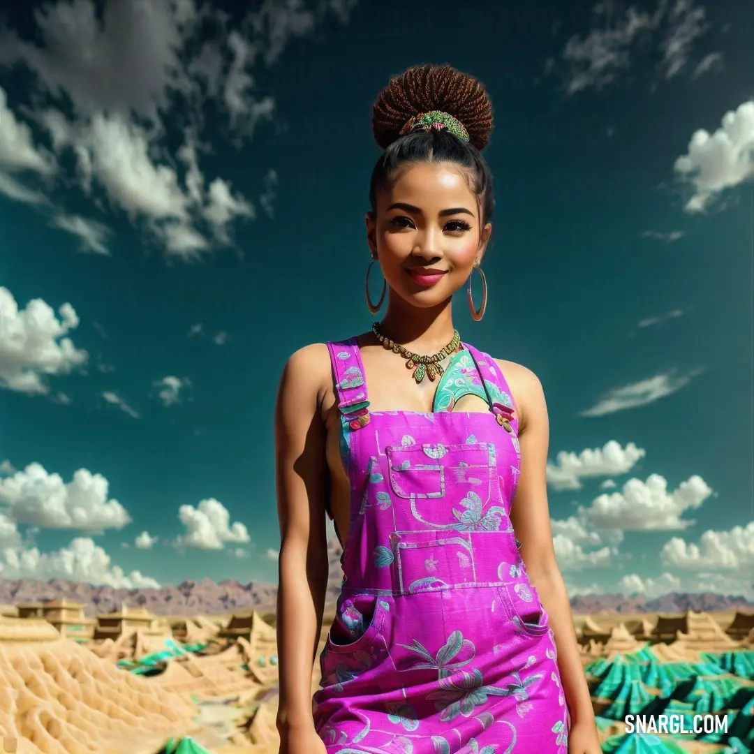 Woman in a purple dress standing in a desert area with a sky background. Example of Orchid color.