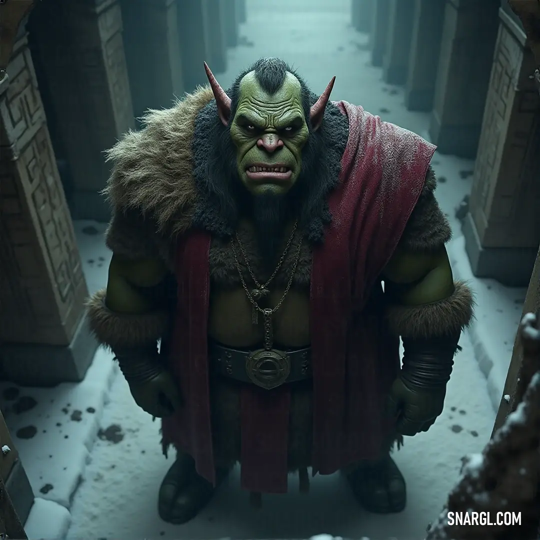 Orgrim Doomhammer, cloaked in a dark costume and a demon mask, stands in a dim hallway. A striking red cape flows behind him, his ominous presence commanding the space, as he prepares for the next chapter in his dark journey.