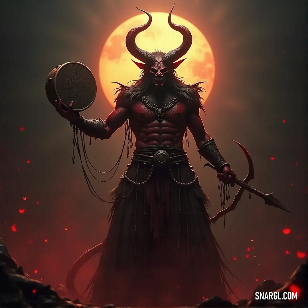 Orias, with his horned head and imposing stature, holds a glowing disc, standing against the backdrop of a brilliant full moon that lights up the dark sky. Orias, a towering figure with intimidating horns and a demon-like head, grips a glowing disc in his hands as the full moon casts an ethereal light over the scene. The ominous silhouette creates a chilling yet captivating sight.