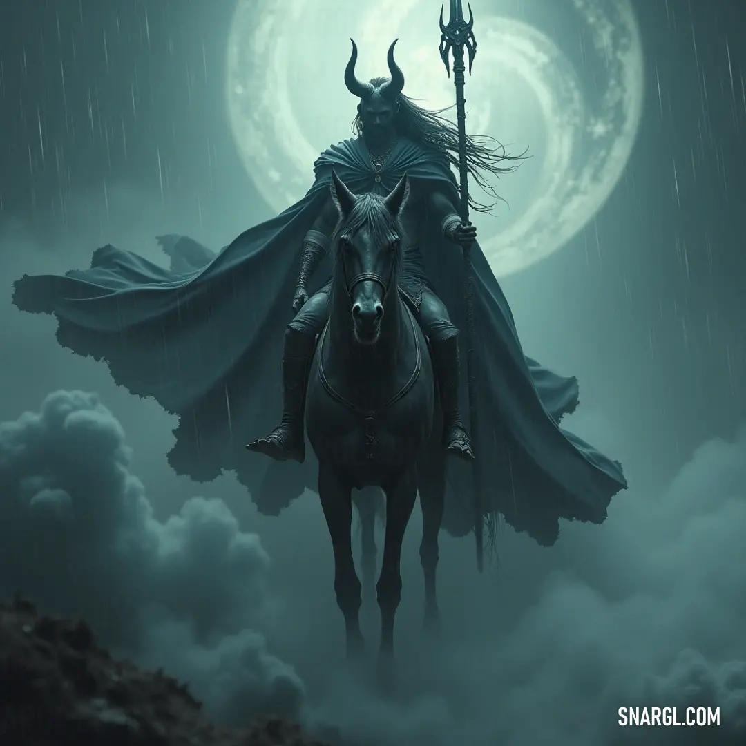 Orias gallantly rides through a rain-drenched forest, symbolizing resilience and power against nature's fury, as he holds his staff with unwavering grace. In a captivating scene, Orias rides fiercely on a magnificent horse, braving the rain as he clutches a sturdy staff. His horned visage reflects the stormy skies, creating a striking contrast with the lush forest backdrop.
