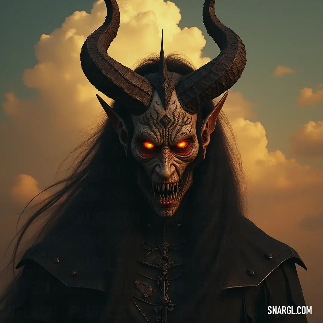 Demonic Oriax: An imposing figure against a backdrop of dark clouds, his glowing eyes and pronounced horns framing an arresting image of power and atmospheric intensity. Demonic Oriax looms in a cloudy sky, his glowing eyes standing out against a backdrop of turbulent clouds, creating a striking visual of power and ominous beauty that captivates the viewer.