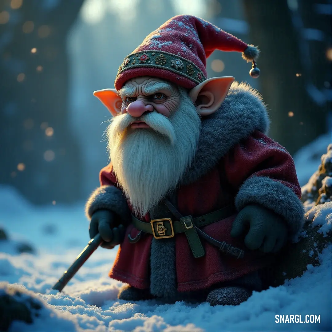 A gnome with a red hat and long beard, standing in the snow, holding a stick, surrounded by the quiet of winter. A gnome with a long white beard and a bright red hat stands in the snowy wilderness, holding a sturdy stick in his hand. The cold air and snowflakes swirl around him, creating a serene and mystical atmosphere.