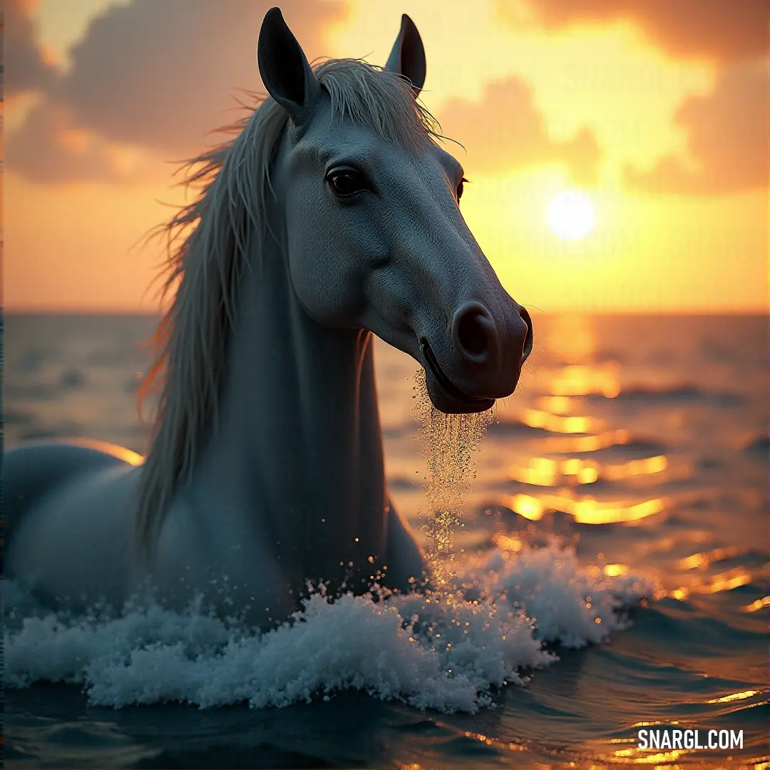 White Orin stands in the water at sunset, the peaceful colors of dusk enveloping the figure and its reflection. White Orin wades through the calm water, the soft colors of the sunset casting a warm glow on the scene as the silhouette of the figure creates a serene reflection in the water.