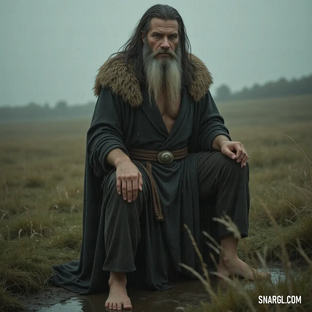 A wise sage with a long, flowing beard and a fur-trimmed collar kneels in a sunlit field, hands resting on his knees. The gentle breeze dances through the tall grass, whispering the stories of ages past.