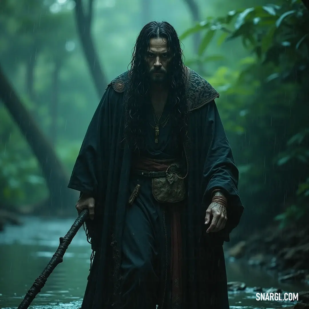 Clad in a long black robe, Orin walks through a shadowy forest, a symbol of mystery and exploration on his quest through nature's depths. Orin, cloaked in a long black robe and coat, maneuvers gracefully through a shadowy forest, his determined gaze fixed ahead while clutching a stick, embodying the spirit of a seeker on a quest for knowledge and adventure.