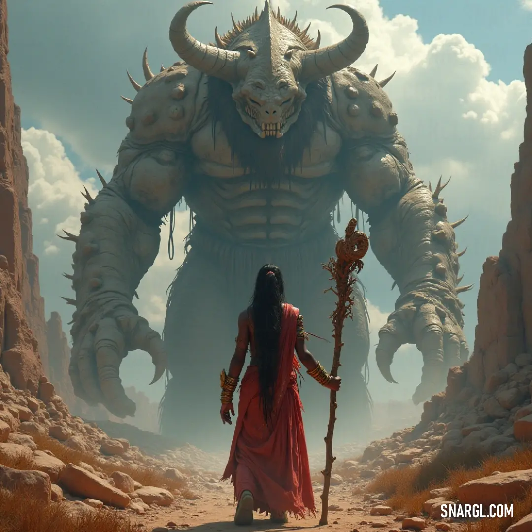 Orin, in striking red attire, stands bravely before a colossal monster, wielding his staff, a symbol of courage in a tense and thrilling confrontation. Orin, in vibrant red attire, commands attention as he stands boldly before a colossal creature, staff in hand, embodying courage and determination against the backdrop of an ominous landscape filled with both fear and excitement.