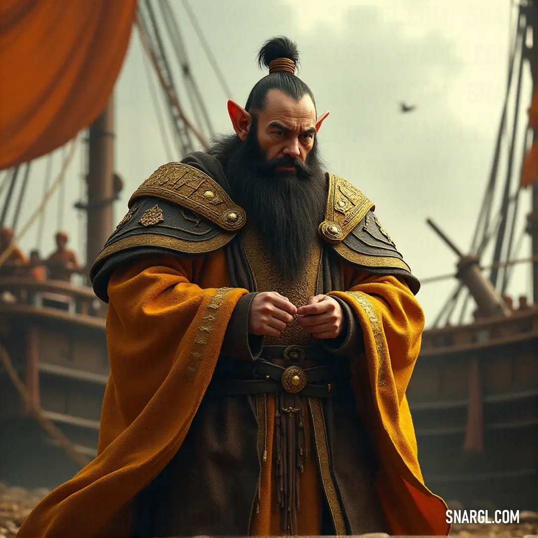 Orin Ironstar, clad in a vibrant yellow outfit, stands at the edge of a boat, with the wind lifting his beard. A bird soars overhead, adding life to the scene.