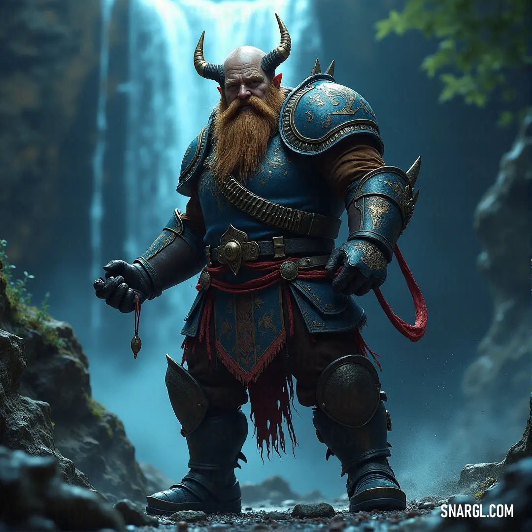 Orin Ironstar, a fearless warrior with a mighty beard, stands poised in front of a majestic waterfall, the mist rising around him, as the power of nature and his own strength seem to converge in this enchanted world. Orin Ironstar, a bold and determined warrior with a thick beard, stands in a fantastical landscape. The roar of a cascading waterfall echoes in the background, adding to the epic scale of his presence in this dramatic fantasy world.