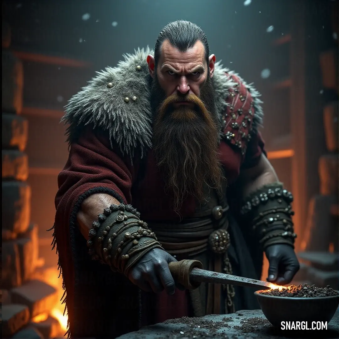 A rugged, bearded warrior stands tall, wearing an intricate costume with a knife in one hand and a bowl of food in the other, exuding strength and readiness for battle. His intense gaze matches the seriousness of his stance, surrounded by an air of myster