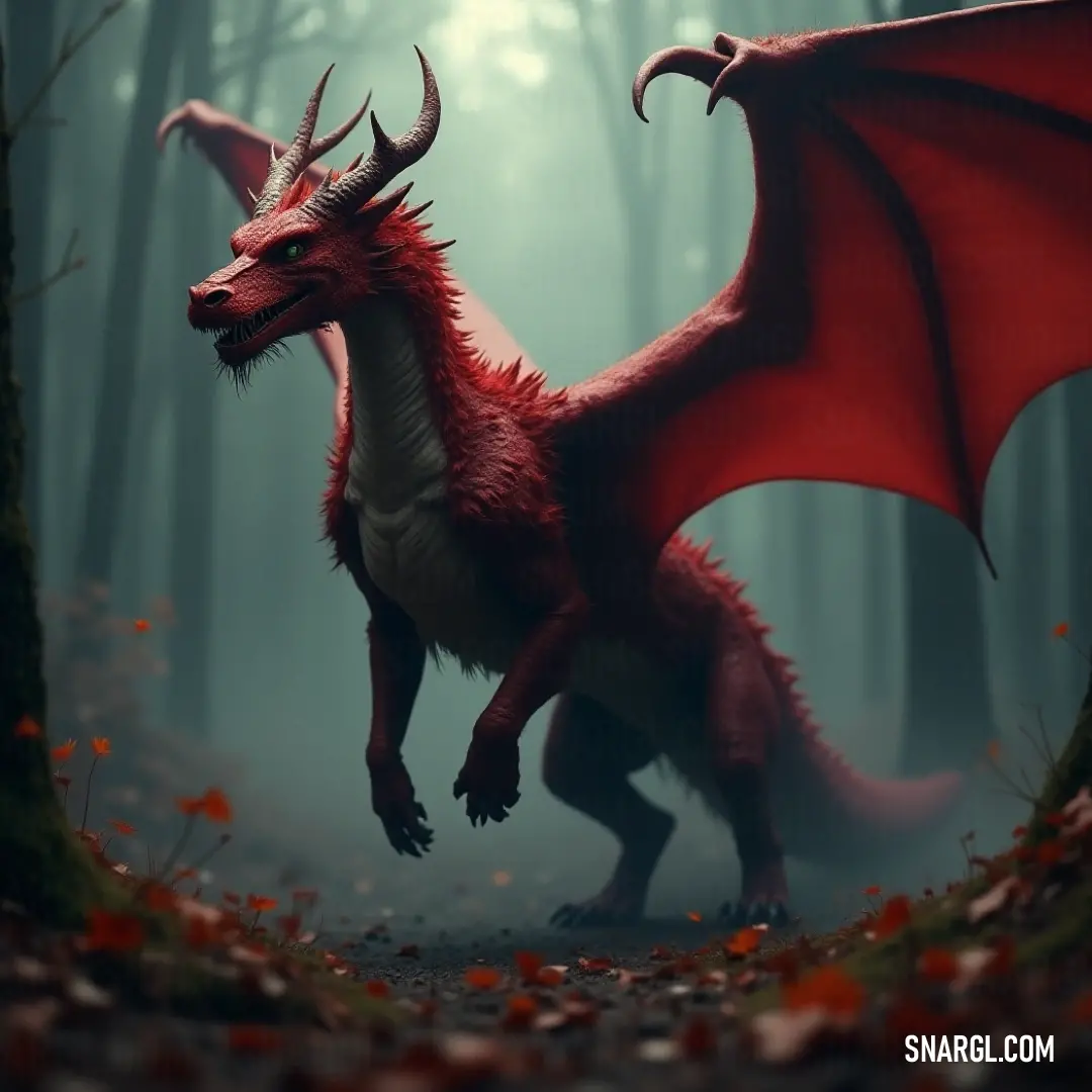 A resolute red Orion stands in a vibrant forest, surrounded by autumn leaves and towering trees, symbolizing endurance and the fierce beauty of life. In a lush forest setting, a determined red Orion stands firmly amidst fallen leaves, surrounded by towering trees, embodying resilience and strength, a testament to the beauty of nature's cycles.