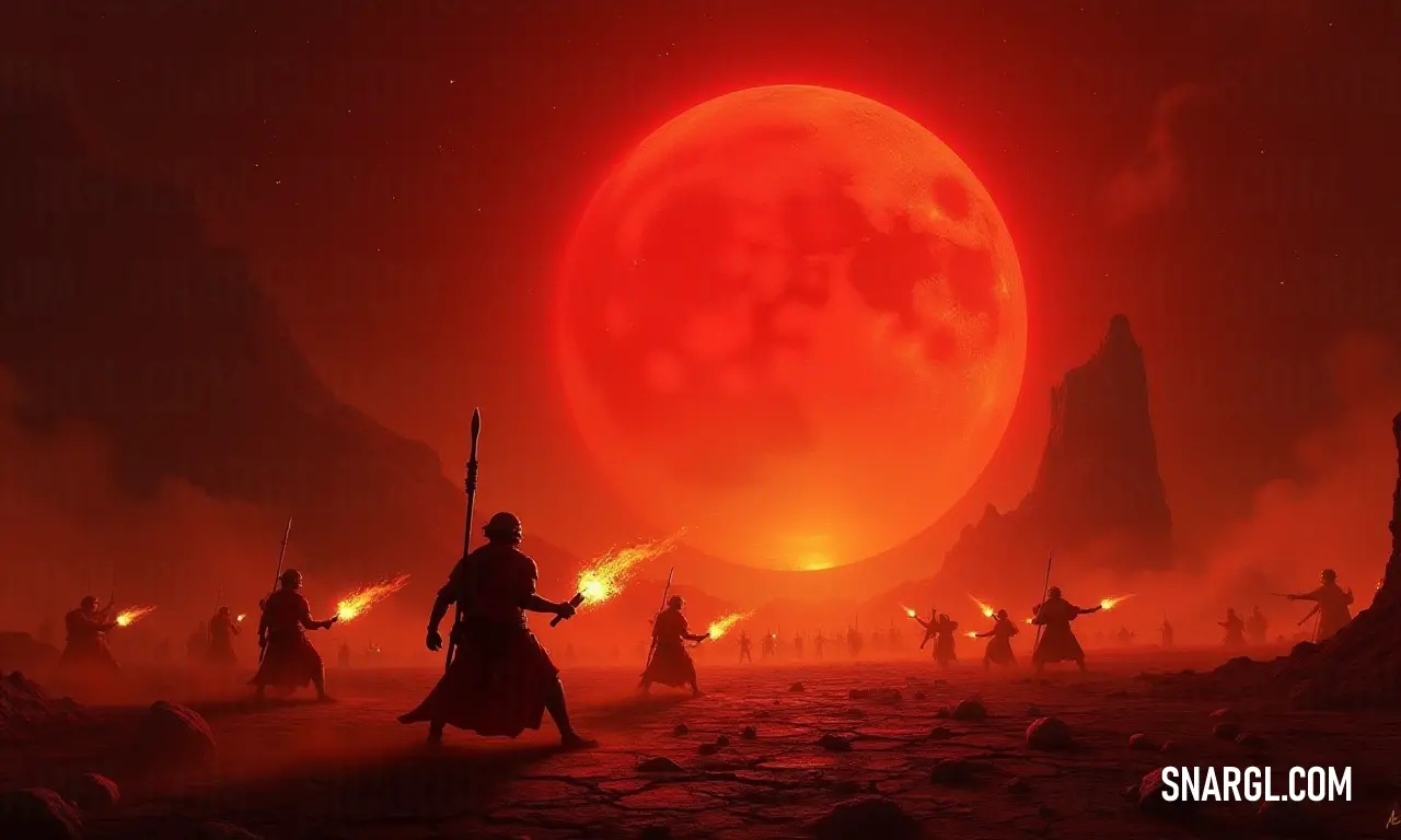People unite under a giant red sun and a dramatic sky. A diverse group of individuals gather beneath a colossal crimson sun, its fiery glow casting an ethereal light over their silhouettes against a vibrant red sky.