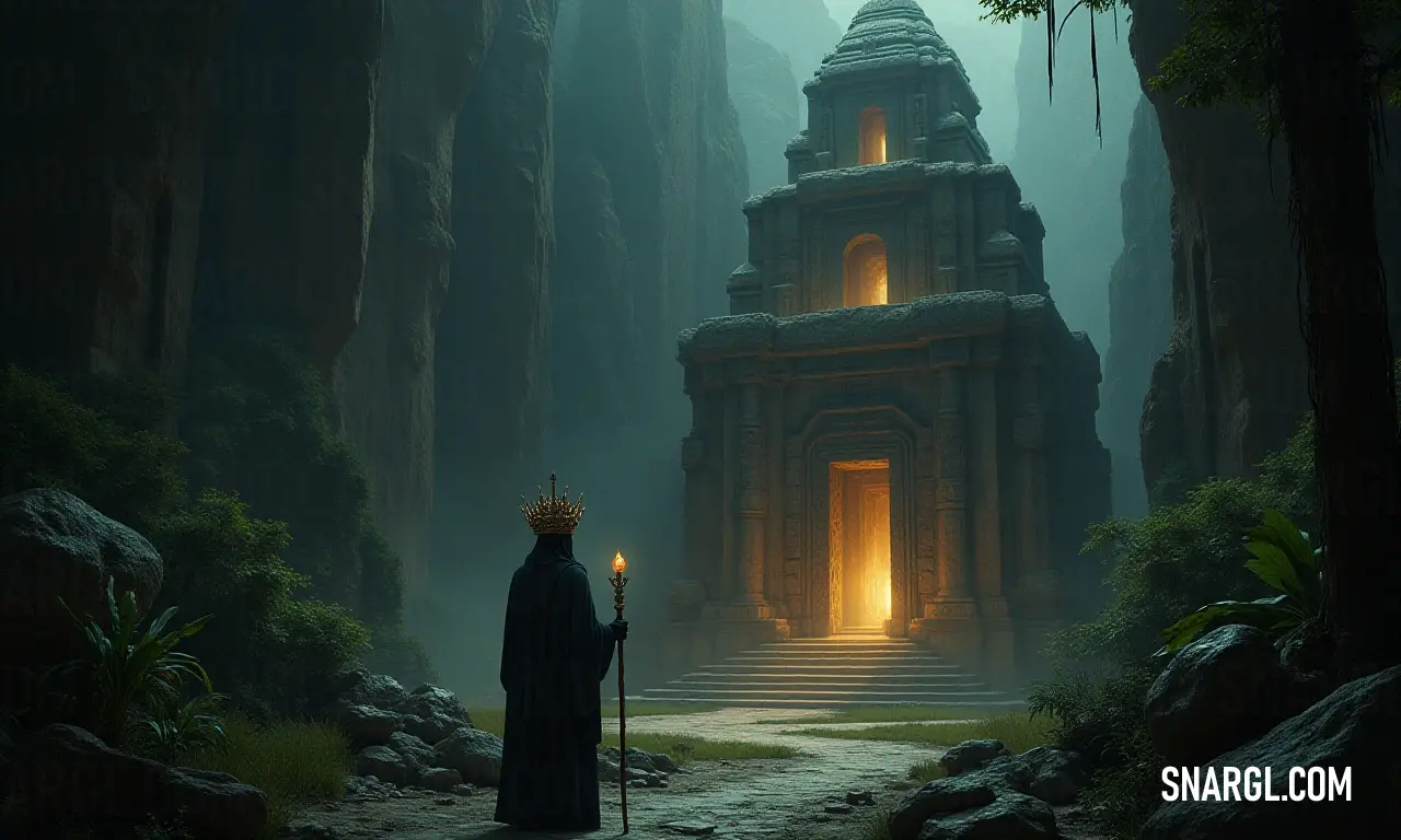 A crowned figure holds a candle in a mysterious forest setting. A regal figure adorned with a crown stands resolutely in a shadowy forest, holding a flickering candle, with a distant tower adding an air of mystery to the enchanting scene.