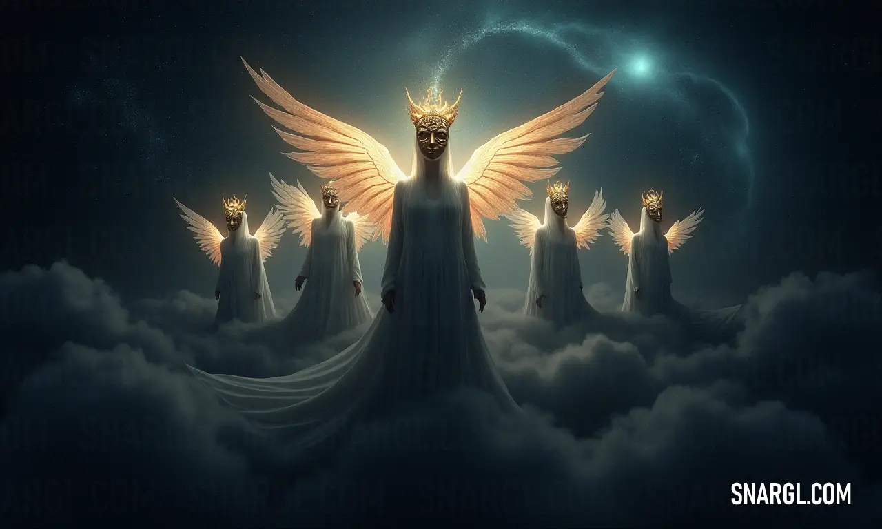 This enchanting vision depicts a heavenly gathering of angels, adorned with glowing wings, gliding above clouds, all beneath the watchful light of a full moon, evoking a sense of peace and divine presence. Angelic beings gracefully soar through a sky painted with soft clouds, their luminous wings contrasted by the glow of a full moon, creating an ethereal scene of celestial beauty.