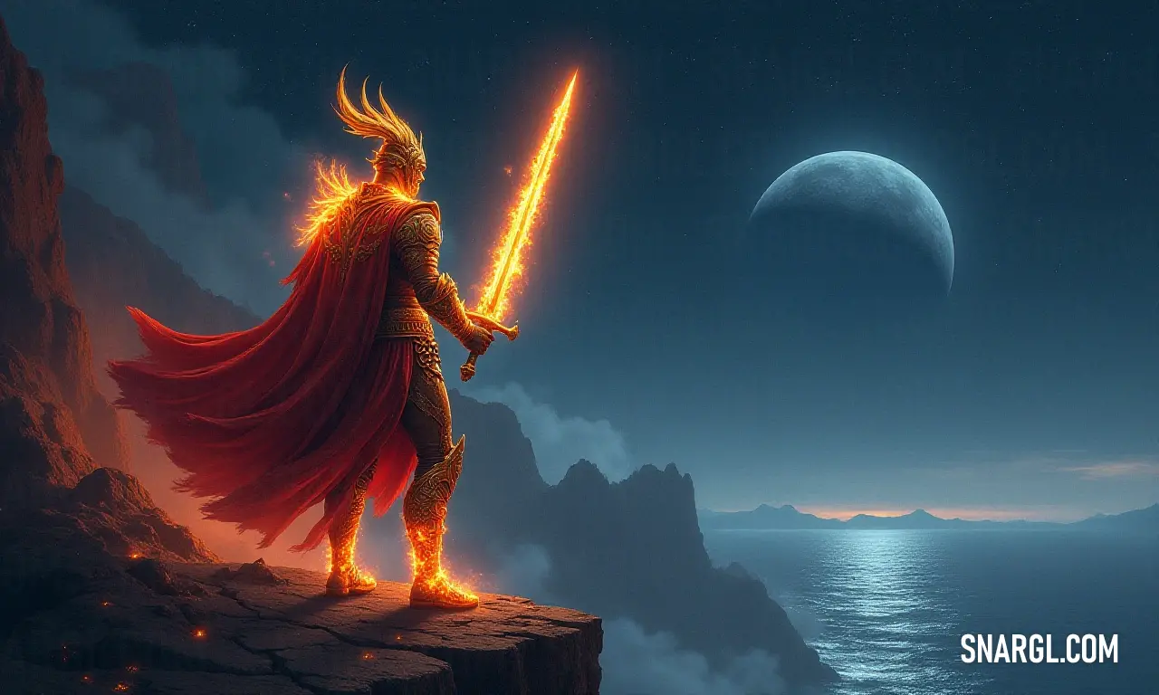 With sword poised, Orion stands vigilantly on a cliff, overlooking the night ocean illuminated by the full moon's soft light - an emblem of courage watching over the waves of destiny. Orion, sword in hand, gazes fiercely from a cliff above the ocean at night, bathed in the gentle glow of the full moon, exemplifying strength and guardianship in the dark.