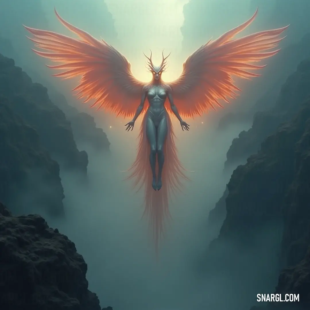 In a mysterious canyon enveloped by fog, Oriphiel stands tall with grand red wings unfurled, commanding the rugged terrain. Shadows play against the rocky backdrop, heightening the allure of his majestic presence.