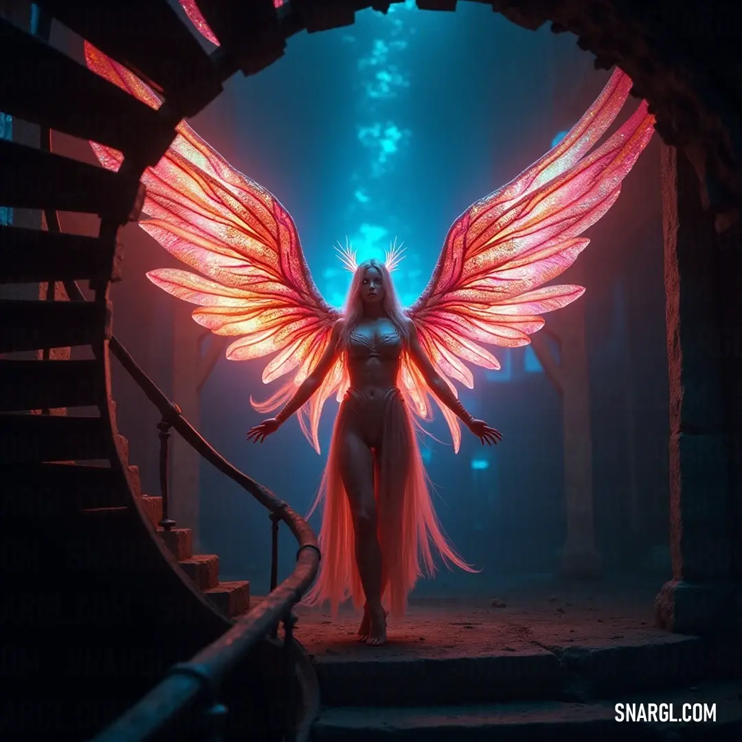 Discover the enigmatic Oriphiel, standing in an ethereal tunnel, where her majestic wings frame her as light filters through, casting intriguing shadows that enhance the magical allure of the setting. Oriphiel stands poised in a dimly lit tunnel, her wings elegantly draped around her, as glimmers of light from an unseen source illuminate the stairs, creating an air of mystery and anticipation in the dimly lit scene.