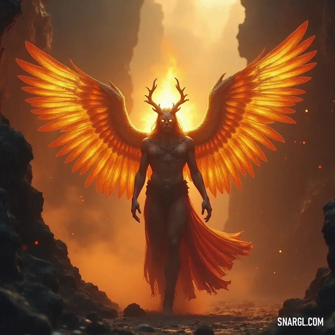 In a vivid exhibit of power and beauty, Oriphiel stands proudly in a cavern lit by flowing lava, her yellow wings shimmering against the fiery backdrop, symbolizing strength within the chaos of nature. Oriphiel, with her bird-like body and vibrant yellow wings, stands amidst a fiery cave setting, lava bubbling in the background, creating a stunning contrast of warmth against her radiant form in this dynamic scene.
