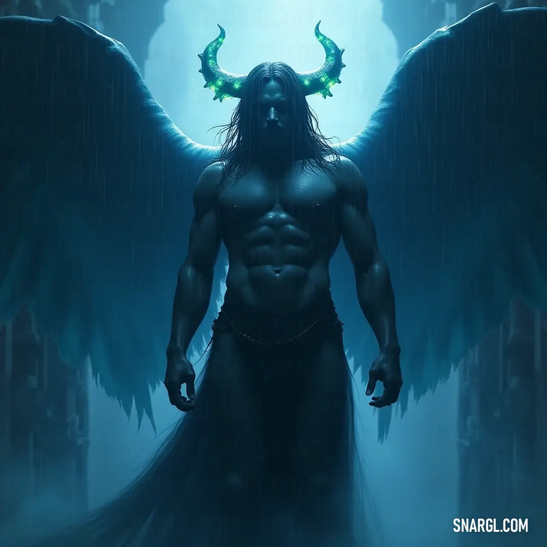 Explore the mysterious aura of Oriphiel, adorned with striking horns and vast wings, who stands in a dimly lit chamber, captivating observers with her ethereal presence and enchanting blend of light and shadow. In a shadowy room, Oriphiel emerges with a unique horned head and striking wings, bathed in soft, cool blue light that accentuates her enigmatic features and creates a captivating ambiance full of mystery and allure.