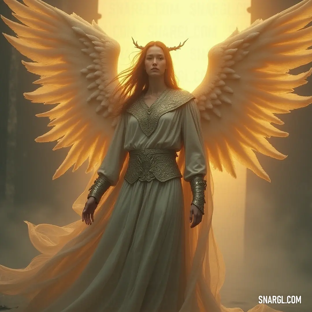 A striking angelic being stands tall in a shrouded fog, where a brilliant light shines from behind her, casting an ethereal glow over the sacred pillars nearby in an enchanted realm. A stunning figure of an angel adorned with grand wings, standing confidently in a mystical, fog-laden space, with a soft, luminous light radiating from behind, illuminating the pillar in the distance.