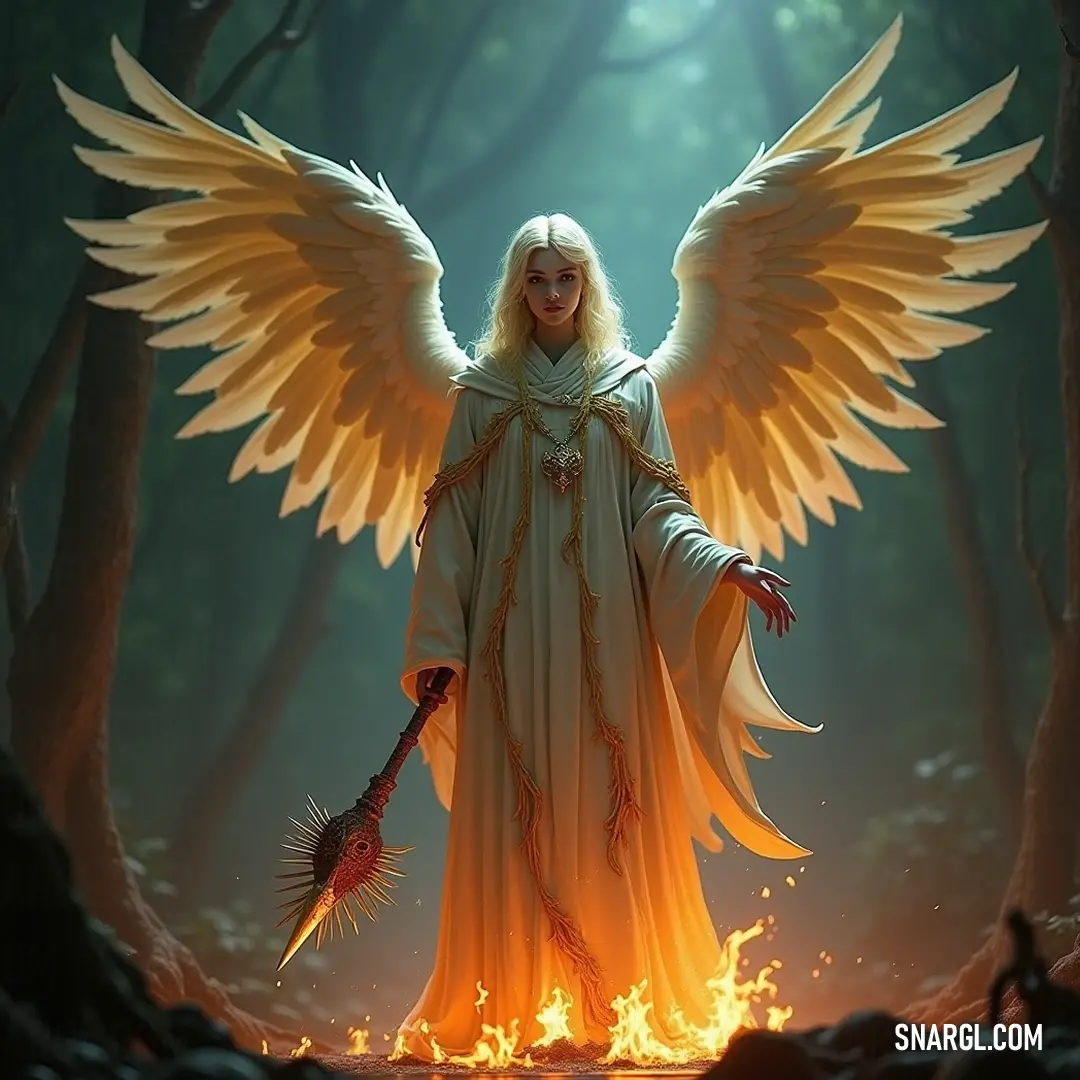 Oriphiel, with radiant wings and a broom, stands amidst a mystical forest, her hands engulfed in mesmerizing flames, illuminated by the glow of her halo, embodying magical prowess.