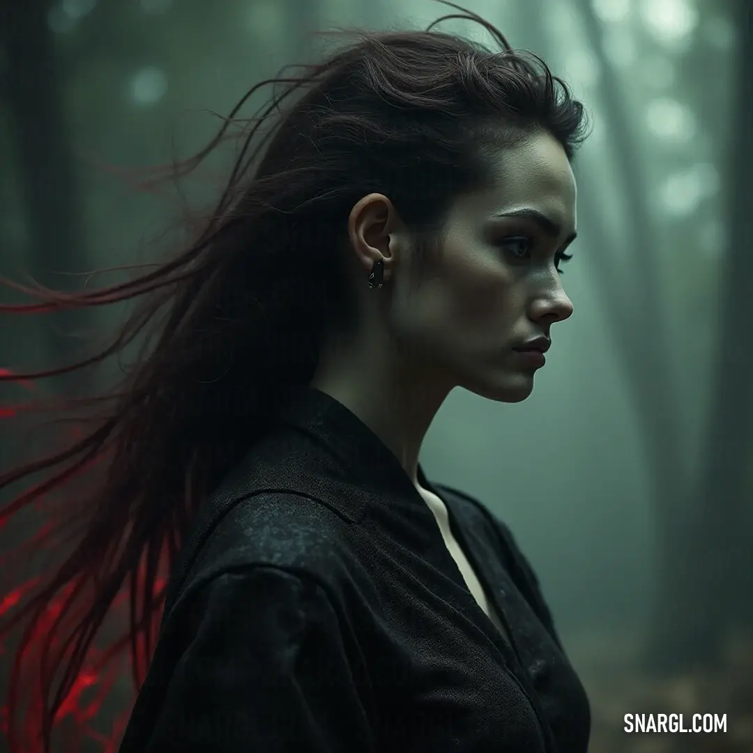 A captivating figure adorned in black, stands amidst a vibrant forest, her hair playfully decorated with shimmering red leaves, capturing the essence of autumn's magic. A captivating woman stands surrounded by autumn leaves in a vibrant forest, her flowing hair adorned with red foliage, dressed in a black shirt that harmonizes beautifully with the warm tones of the surrounding nature.