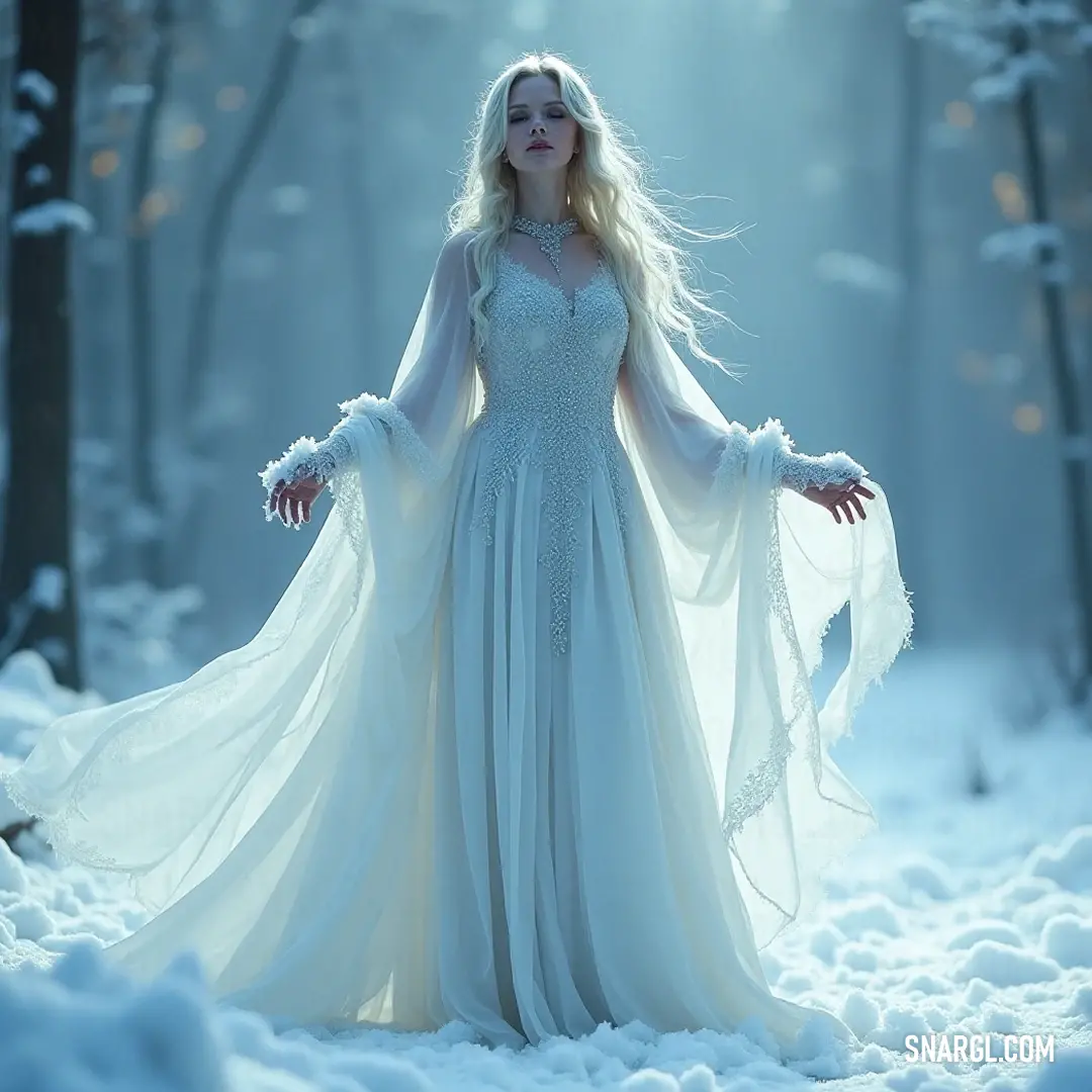 An enchanting figure in a flowing white dress stands amidst a snowy landscape, arms outstretched, embracing the serene beauty of winter, where the soft snowflakes glisten like diamonds in the gentle light.