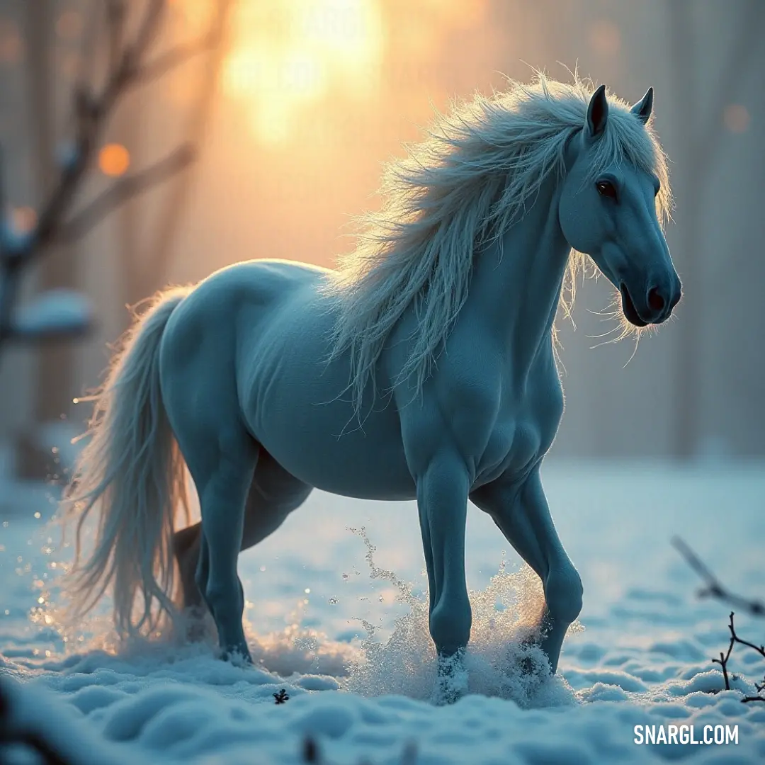 A magnificent white Orla dashes joyfully through a pristine blanket of snow, the golden rays of sunlight illuminating its gleaming coat, evoking a sense of pure freedom in a serene winter landscape.