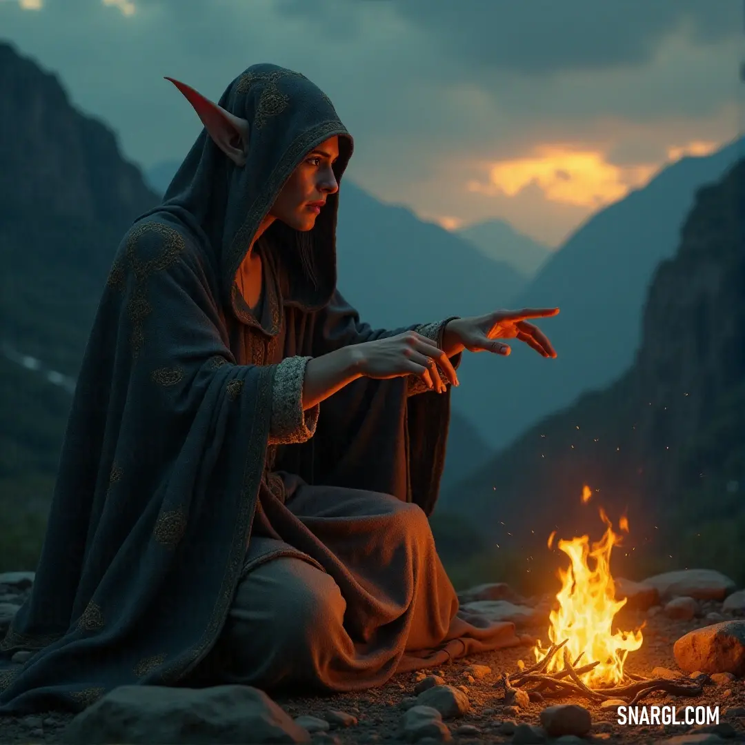 Ormendil dressed in a costume next to a fire with a mountain in the background