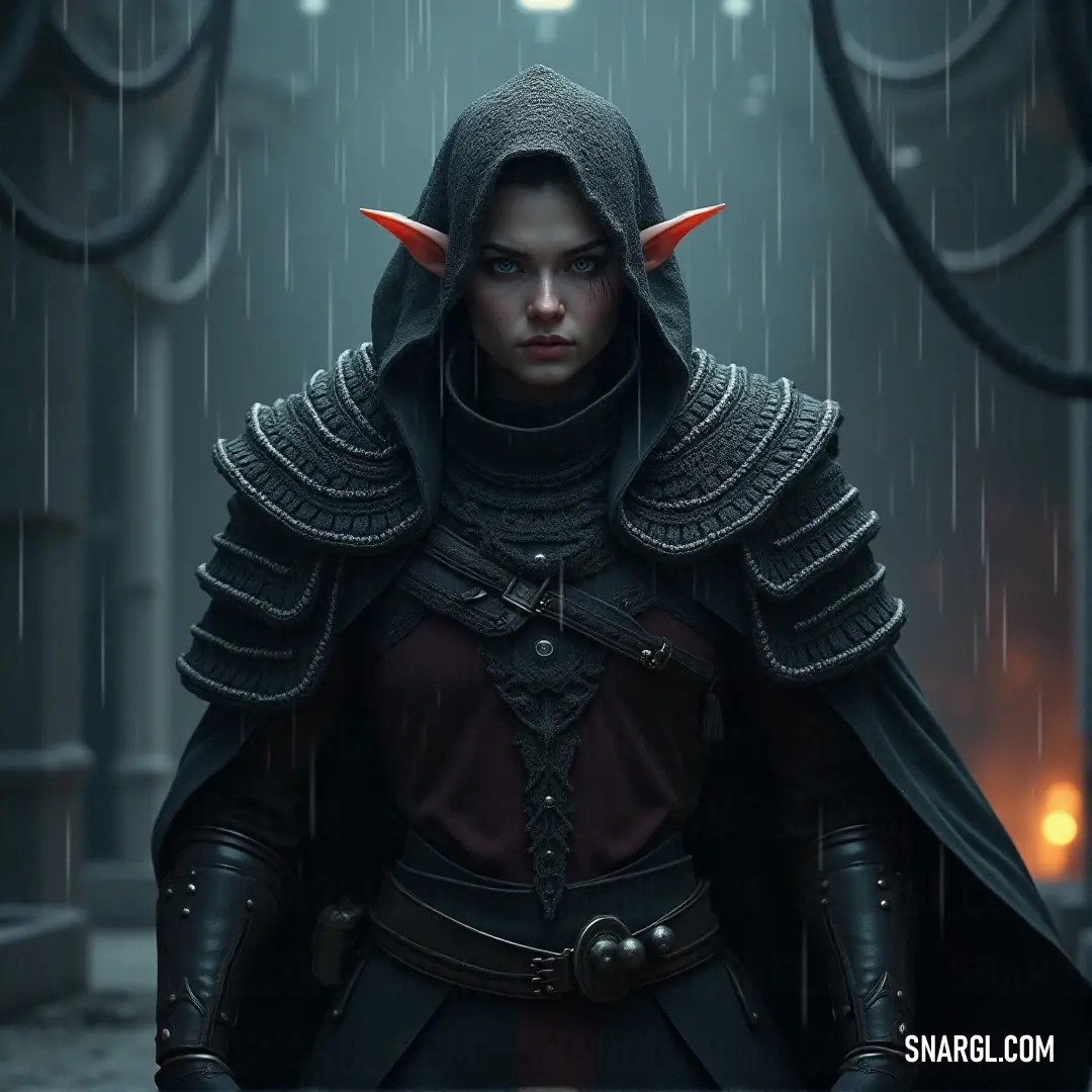 Ormendil in a hooded outfit with horns on her head, standing in the rain