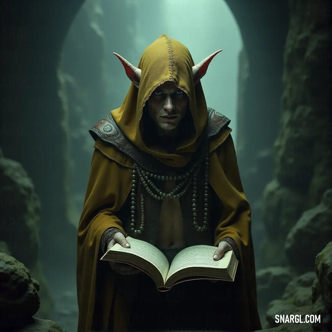 Ormendil in a yellow robe and horned headdress is reading a book in a dark cave with a light coming from behind