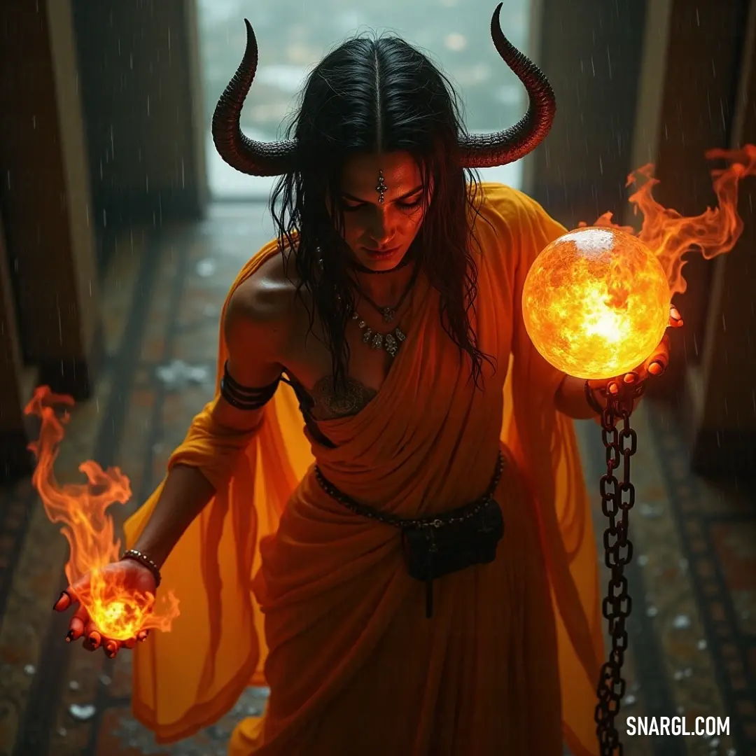 Orobas exuding fiery grace in a dazzling yellow dress, wielding flames and embodying passion with her horned presence. A striking figure in a vibrant yellow dress, Orobas gracefully holds a glowing ball of flames, with fierce horns adorning her head, captivating the essence of both fire and elegance in her mysterious demeanor.