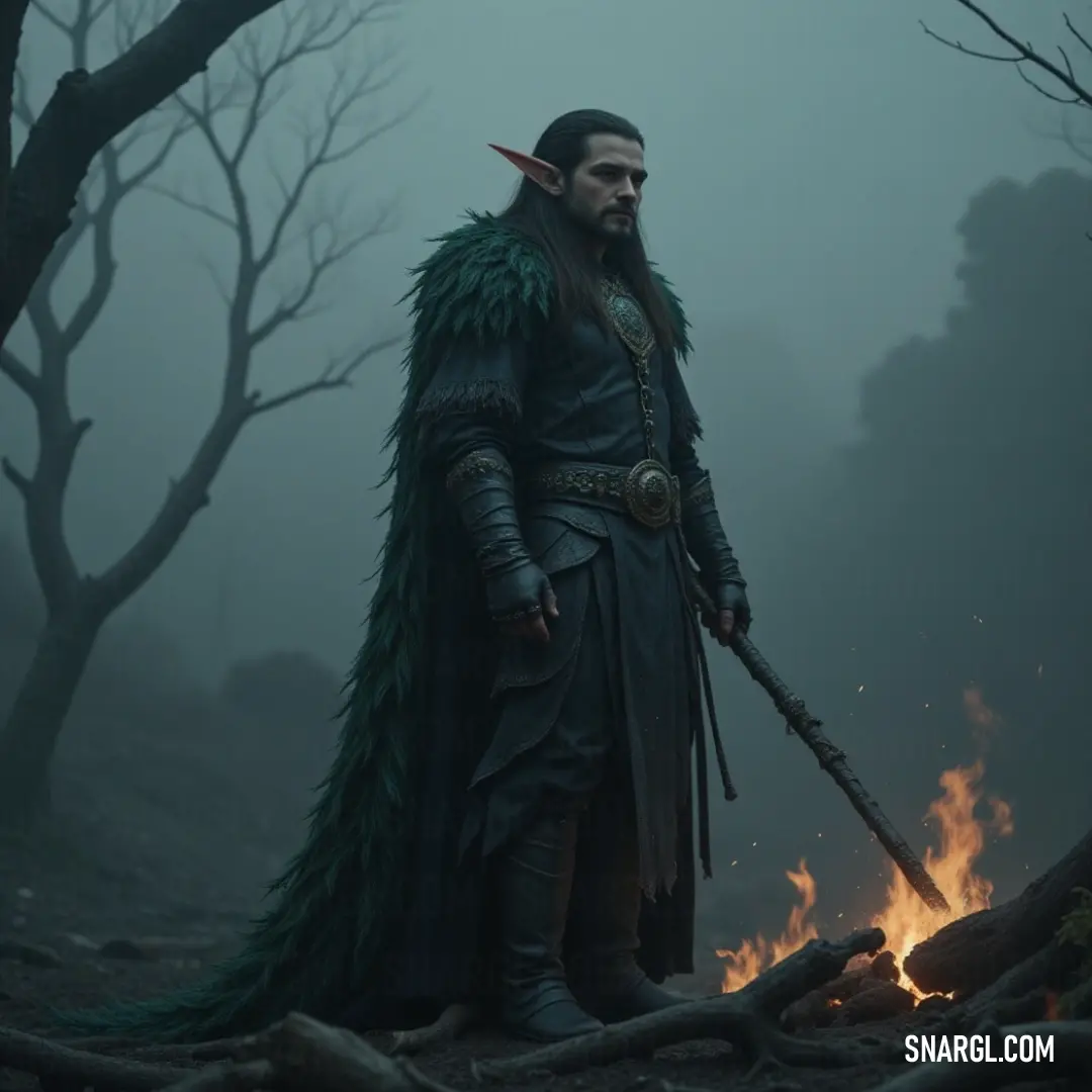 A majestic being in intricate costume stands commanding by a lively fire, wielding an imposing staff that hints at great power. The unique green feather on their head flutters, merging nature and magic in a dance of flame and spirit in the night.